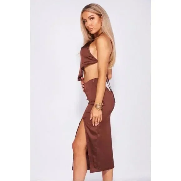 Brown Satin Halter Neck Backless Handkerchief Top and Midi Skirt Two Piece Set - Picture 5 of 13